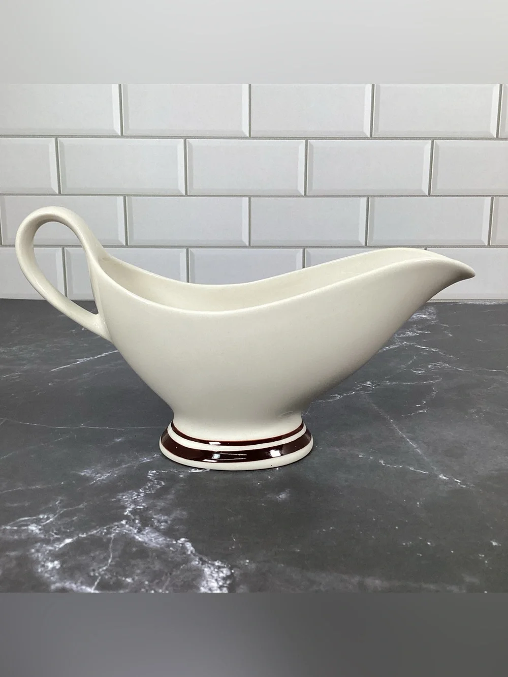 Vintage Bryan China Restaurant Ware Brown White Gravy Boat with Ladle, Sauce